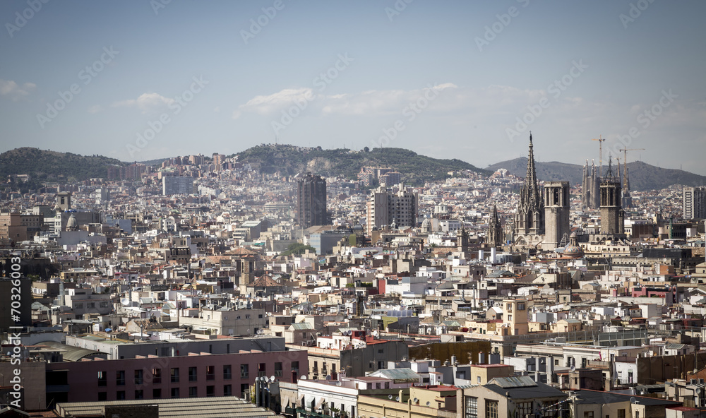skyline of Barcelona, Spain, with Cathedral of the Holy Cross in
