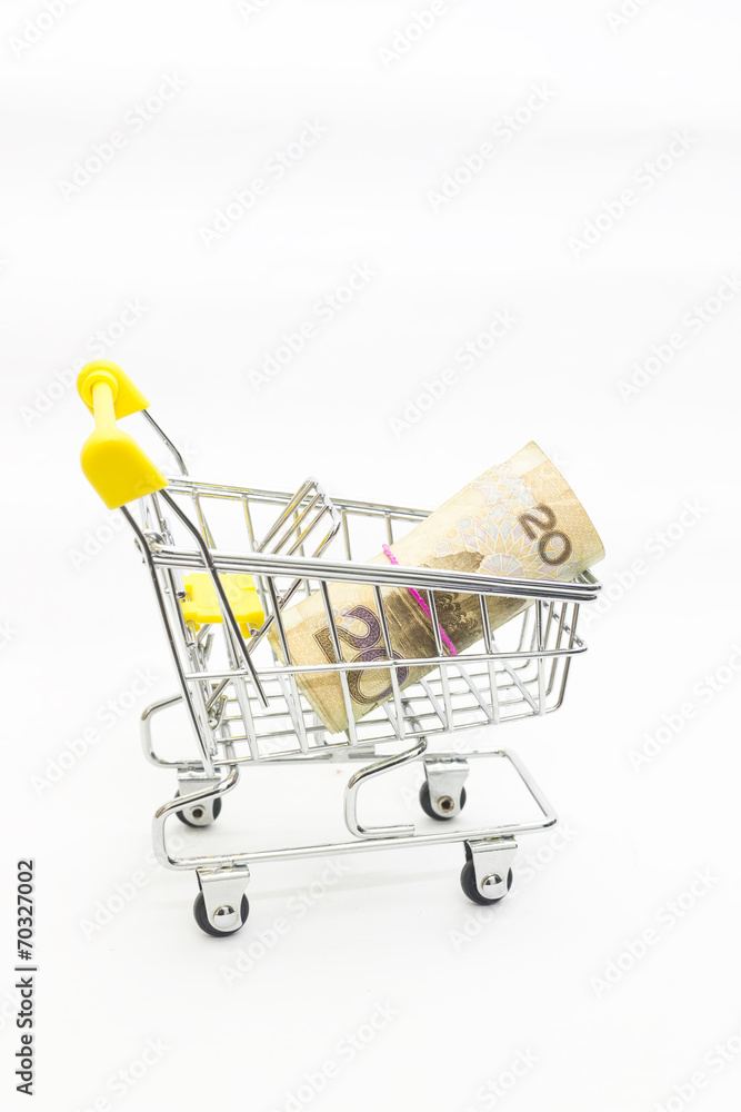 Shopping cart carrying bundle of Yuan note isolated on white