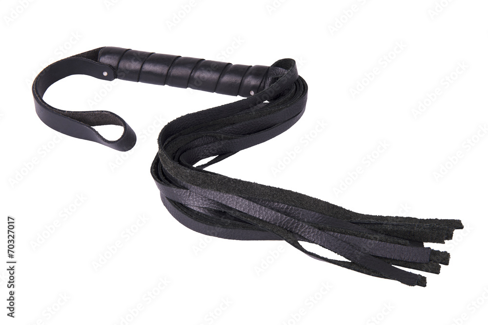 Ταπετσαρία Black leather whip with multiple strands and a sturdy handle, isolated on a white background