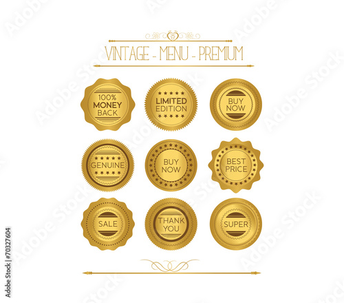 Set of gold badges and labels