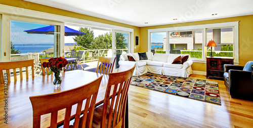 Living room with walkout deck and bay view. Tacoma real estate,