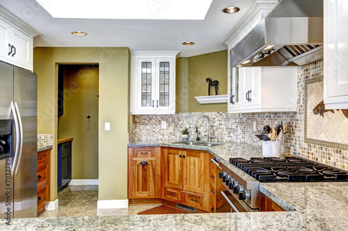 Modern house interior. Kitchen room with shiny granite tops and