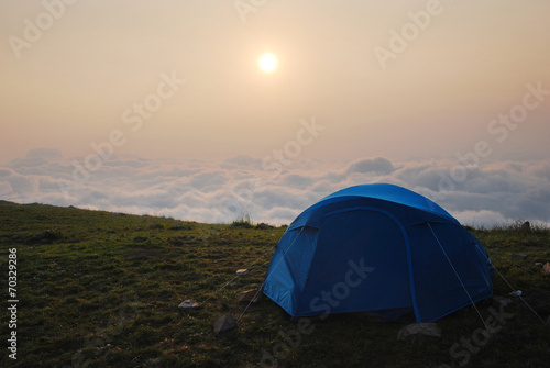 Camping in the mountains in the clouds