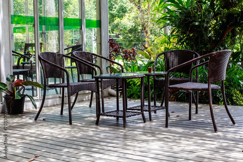 Table and blue chairs in the garden