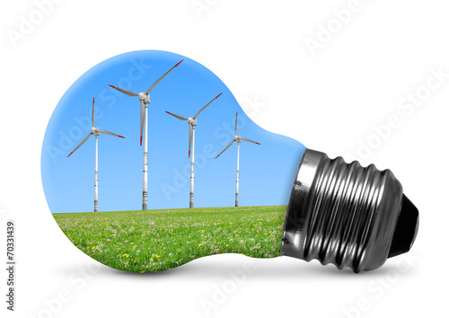 Eco bulb with wind turbines isolated on white