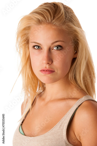 Beauty portrait of attractive young woman with blue eyes