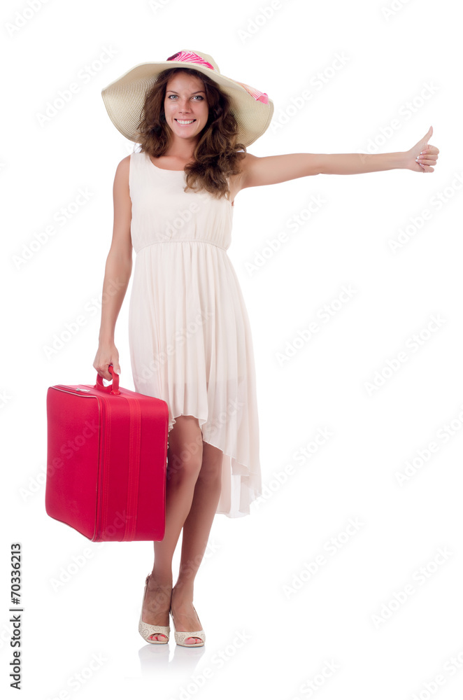 Woman traveller with suitcase isolated on white Woman traveller with suitcase isolated on white