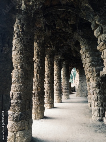 Columns in the park Guell, Barcelona. Spain Vintage Style #70336674