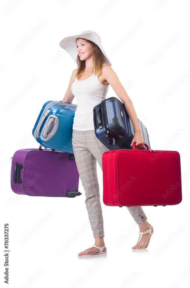 Woman traveller with suitcase isolated on white Woman traveller with suitcase isolated on white