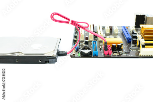Harddisk and sata connection on the motherboard photo