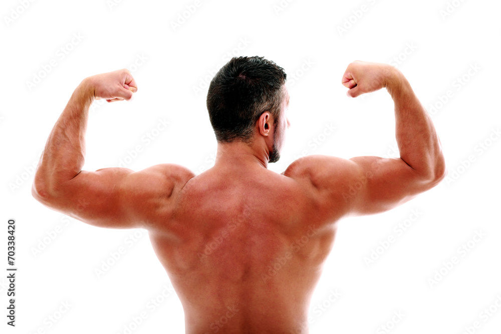 Back view portrait of muscular man showing his biceps Back view portrait of muscular man showing his biceps