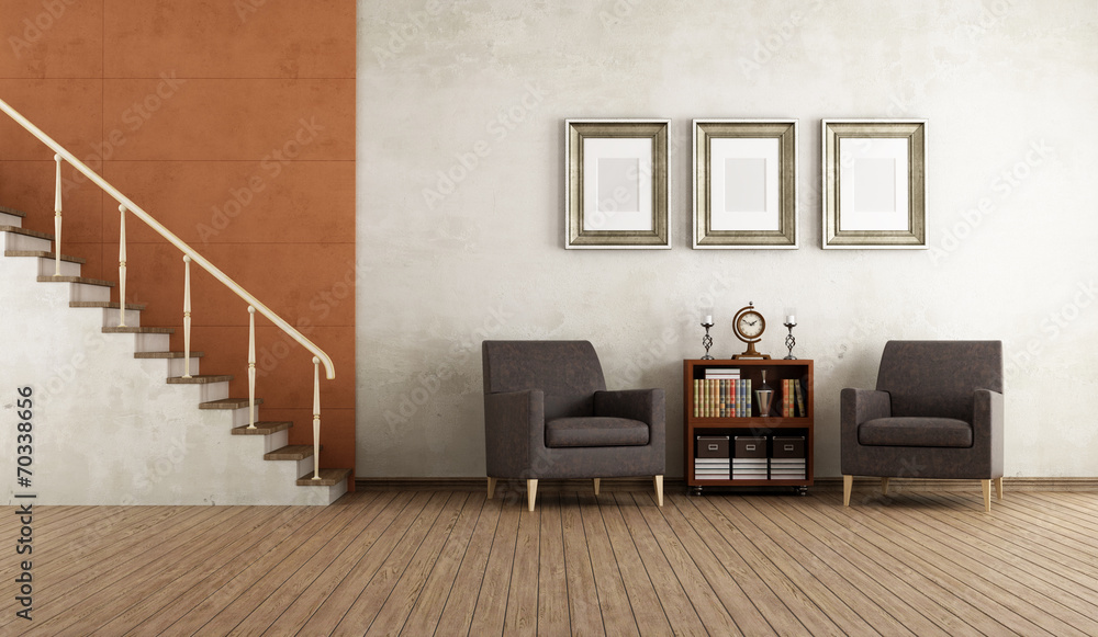Old room with armchairs stircase Old room with armchairs stircase