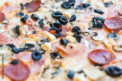 Pepperoni Pizza Close Up With Mushrooms, Olives And Chili Salami