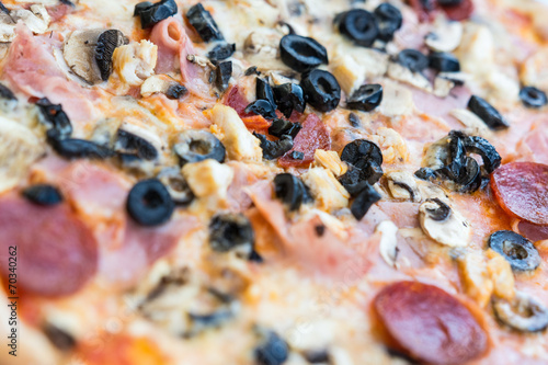Pepperoni Pizza Close Up With Mushrooms, Olives And Chili Salami