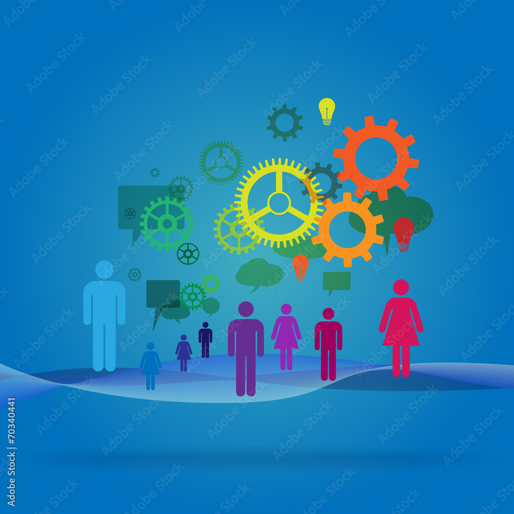 People with gear wheels and speech bubbles People with gear wheels and speech bubbles