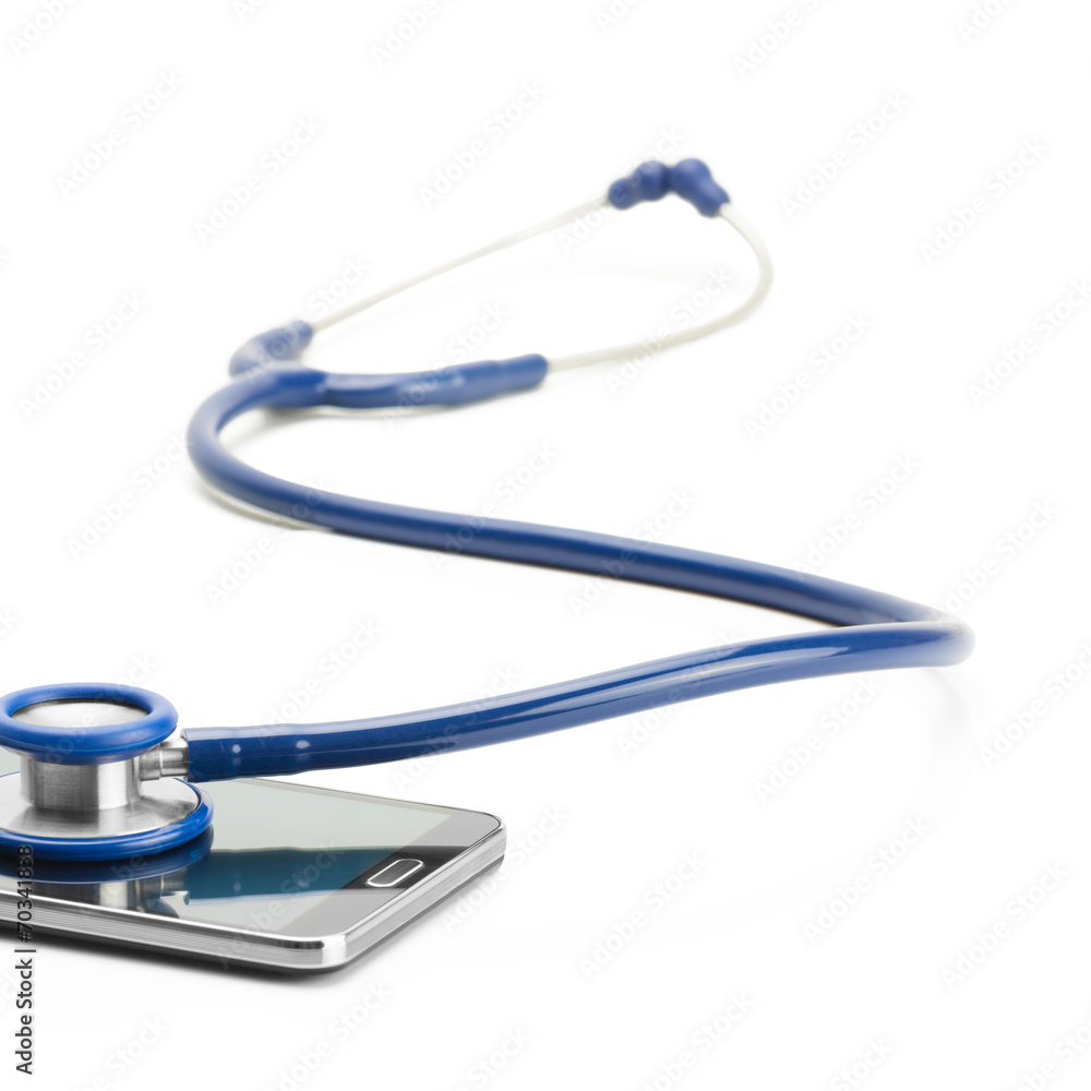 Stethoscope over smartphone screen - studio shoot - 1 to 1 ratio Stethoscope over smartphone screen - studio shoot - 1 to 1 ratio