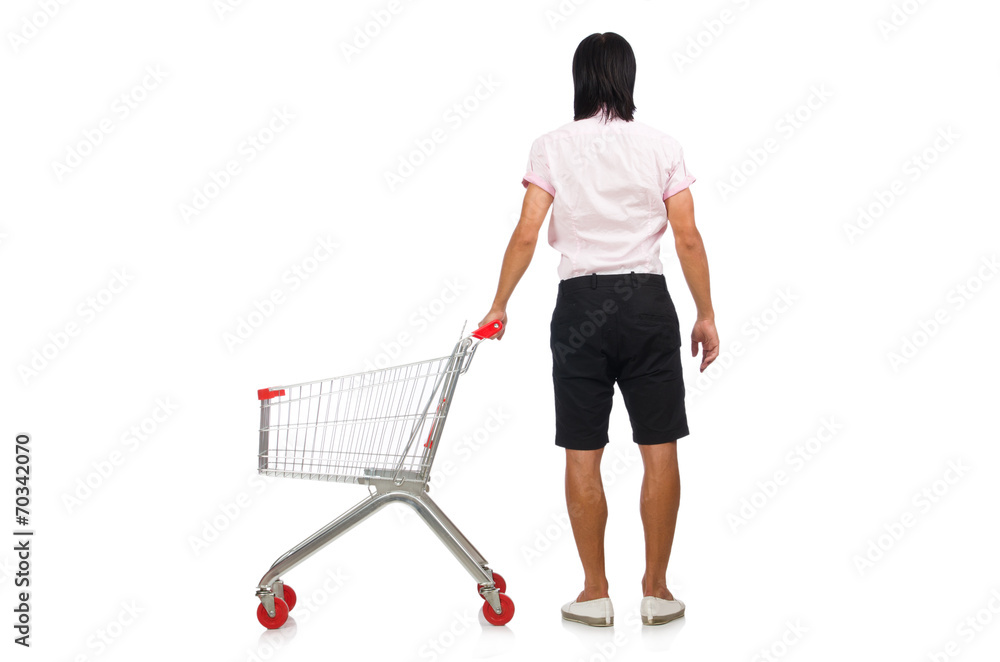 Man shopping with supermarket basket cart isolated on white Man shopping with supermarket basket cart isolated on white