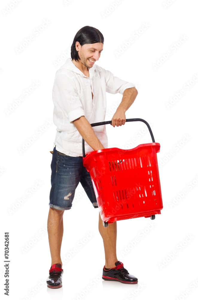 Man shopping with supermarket basket cart isolated on white Man shopping with supermarket basket cart isolated on white