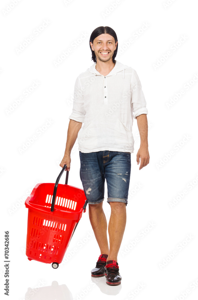 Man shopping with supermarket basket cart isolated on white Man shopping with supermarket basket cart isolated on white