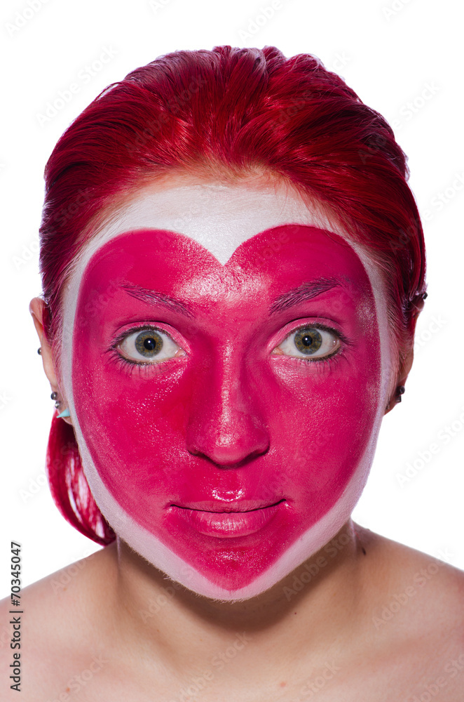 Woman with heart face painting isolated on white Woman with heart face painting isolated on white