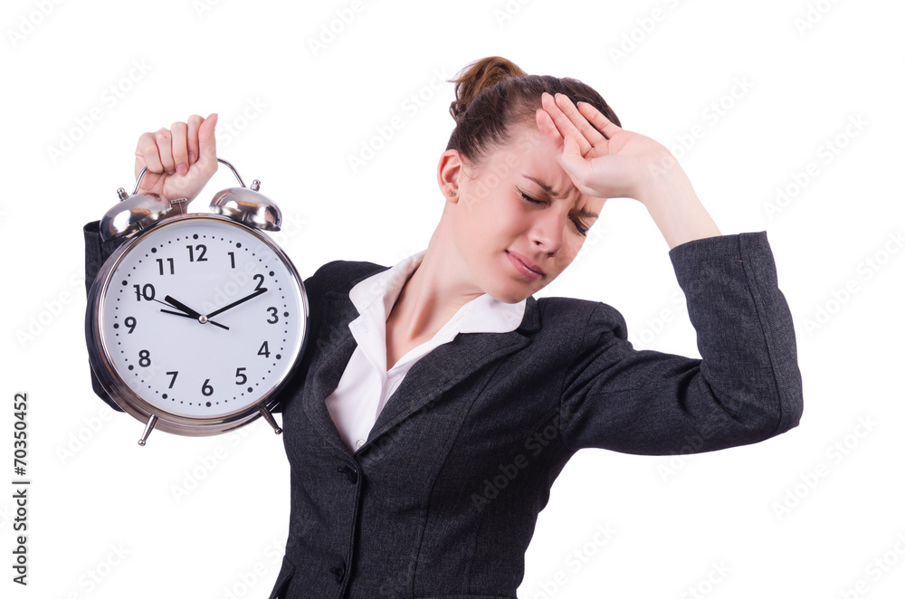 Businesswoman with clock missing her deadlines Businesswoman with clock missing her deadlines