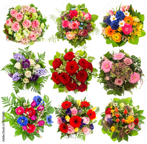 nine colorful flowers bouquet on white
