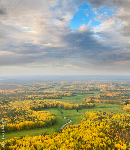 Terrain with river in autumn, top view