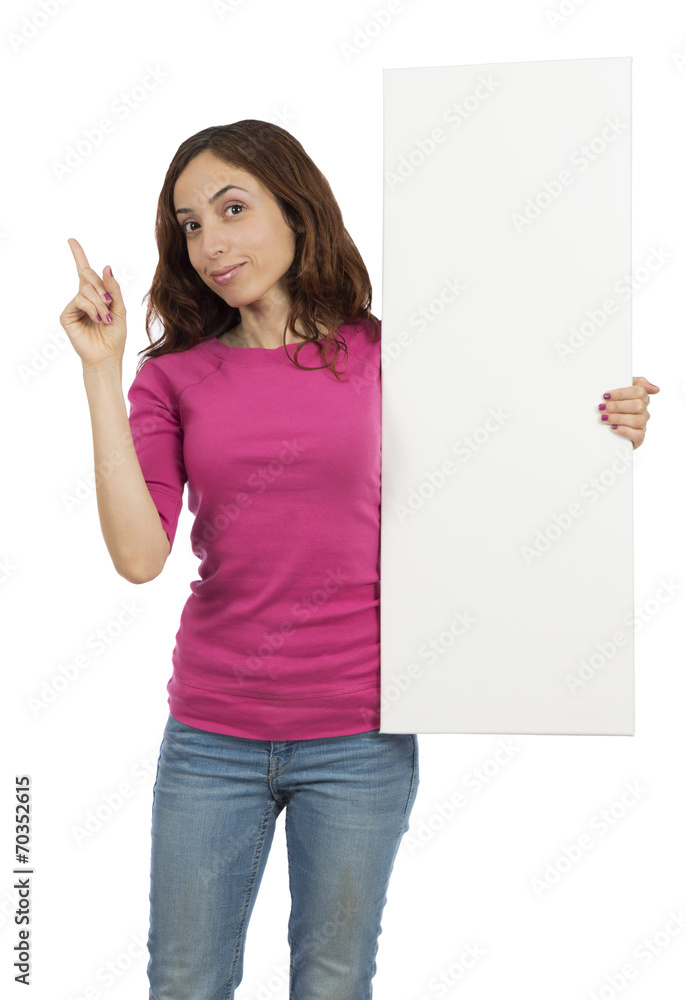 Woman with a billboard pointing her finger up Woman with a billboard pointing her finger up