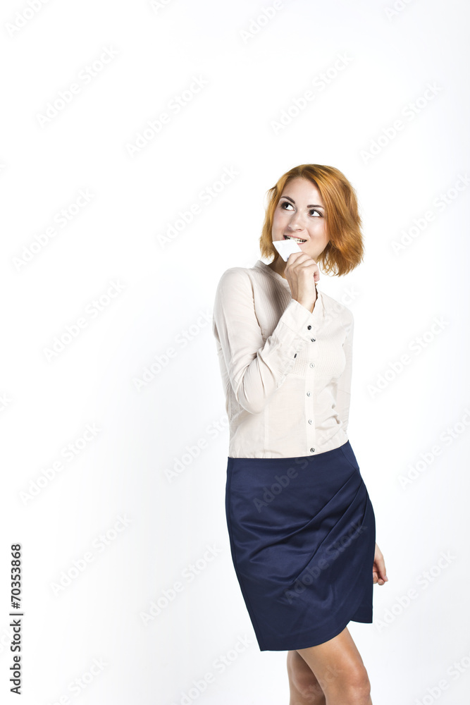 business woman with business card in hand on white business woman with business card in hand on white
