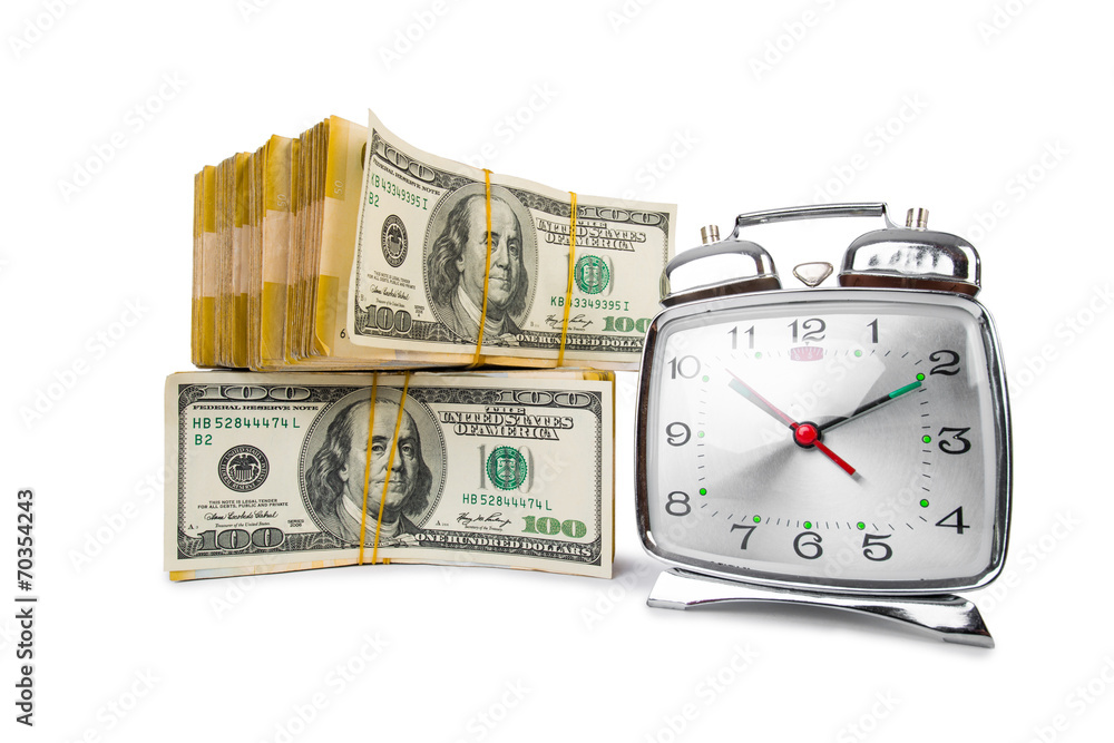 Time is money concept with clock and dollars Time is money concept with clock and dollars