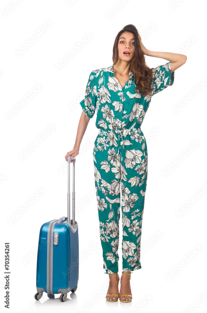 Woman with suitcase isolated on white Woman with suitcase isolated on white
