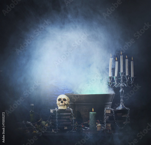Valokuva Halloween background with a lot of different witchcraft tools