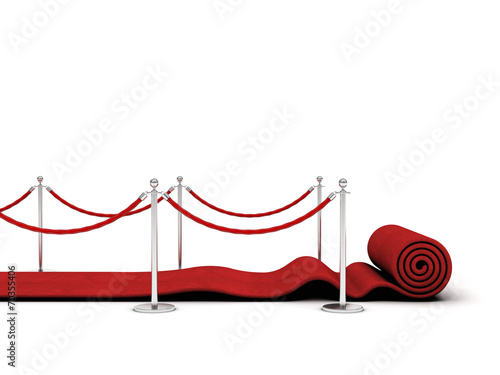 red carpet unrolls, metal barriers. concept success, luxury exclusivity white background