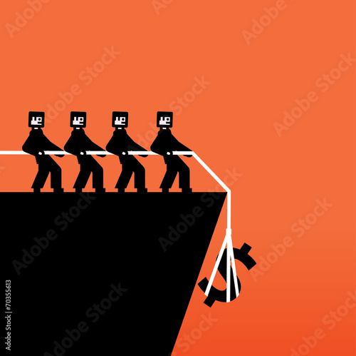 Group of people pulling a rope with a money sign