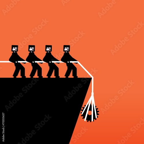 Vector group of people pulling a rope with a gear