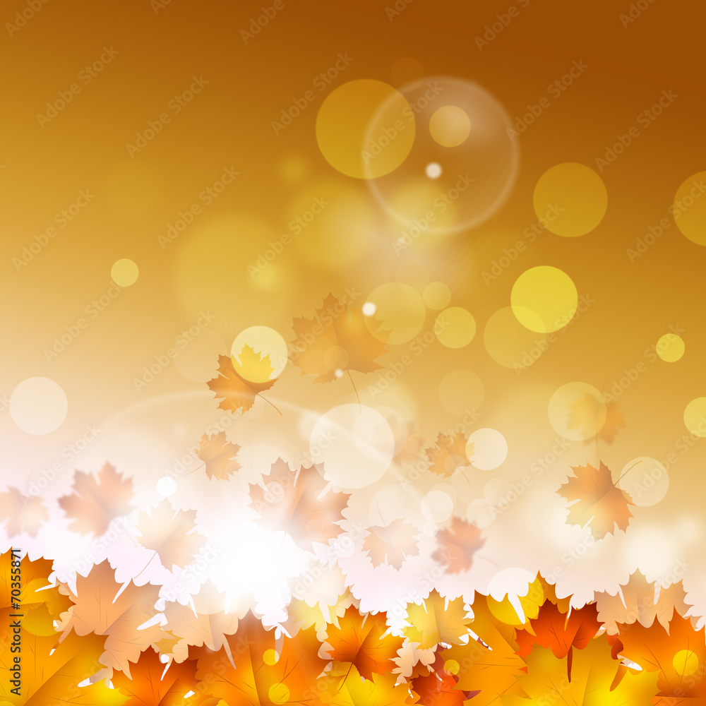 Autumn Yellow Leaves on Golden Background