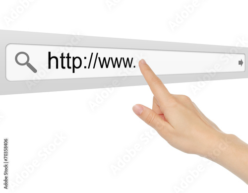 Hand pushing virtual search bar on white background