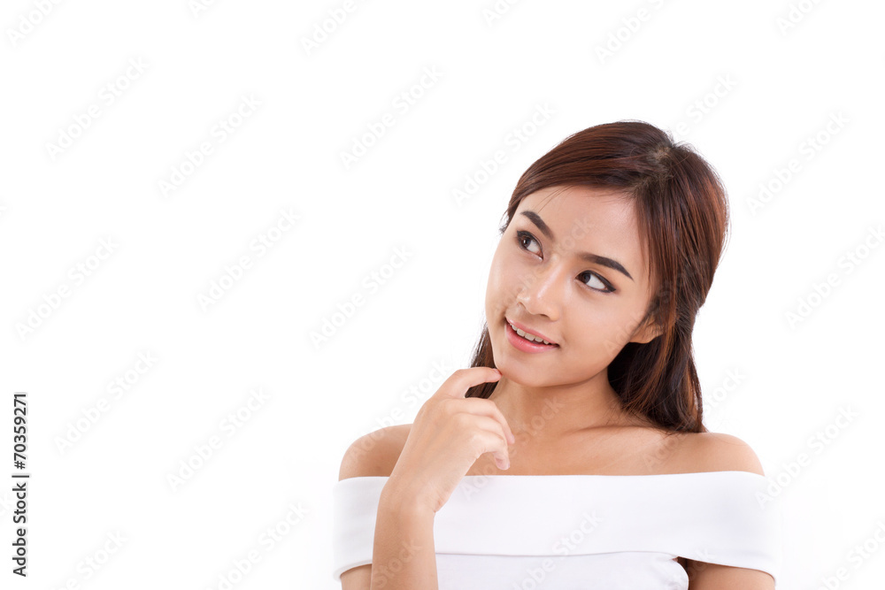 woman looking up at blank space over white isolated background woman looking up at blank space over white isolated background