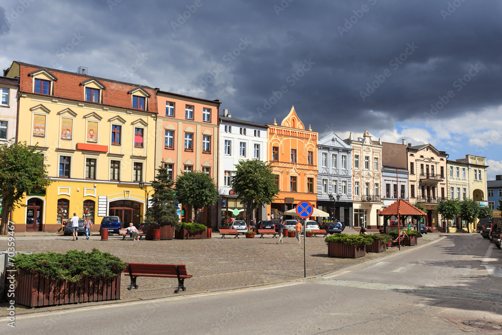 Restored houses on the market in the old town, Brodnica, Poland