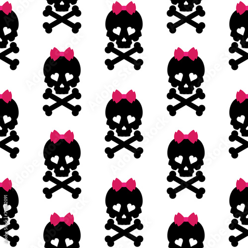 Skull with a bow, seamless pattern. Vector background
