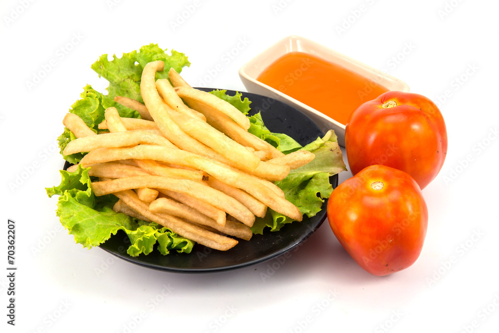 French fries with ketchup closeup over white, potato, fast food French fries with ketchup closeup over white, potato, fast food