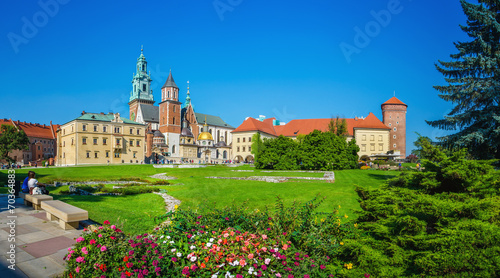 Wawel Castle and cathedral square with flowers, Krakow, Poland
