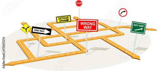 3D road junction with warning traffic signs photo