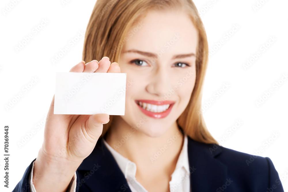 Beautiful smiling businesswoman with businesscard Beautiful smiling businesswoman with businesscard