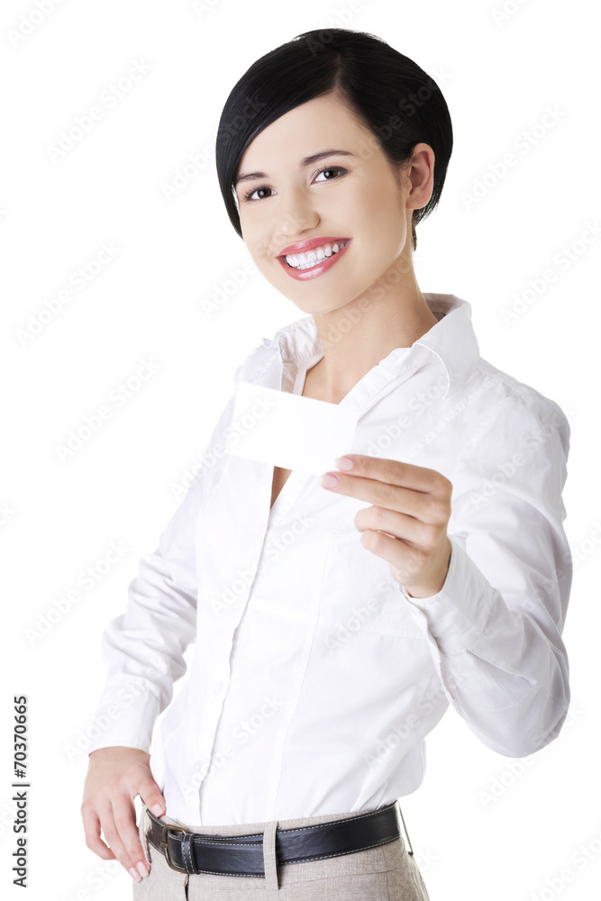 Beautiful smiling businesswoman with businesscard Beautiful smiling businesswoman with businesscard