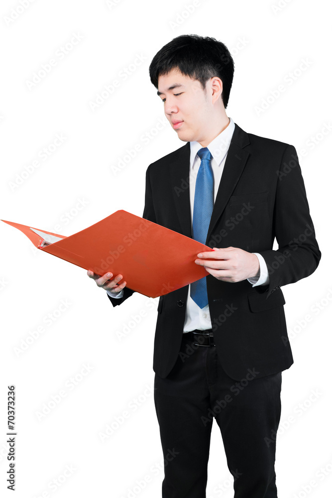 Asian businessman hold the red files with checking (clipping pat Asian businessman hold the red files with checking (clipping pat