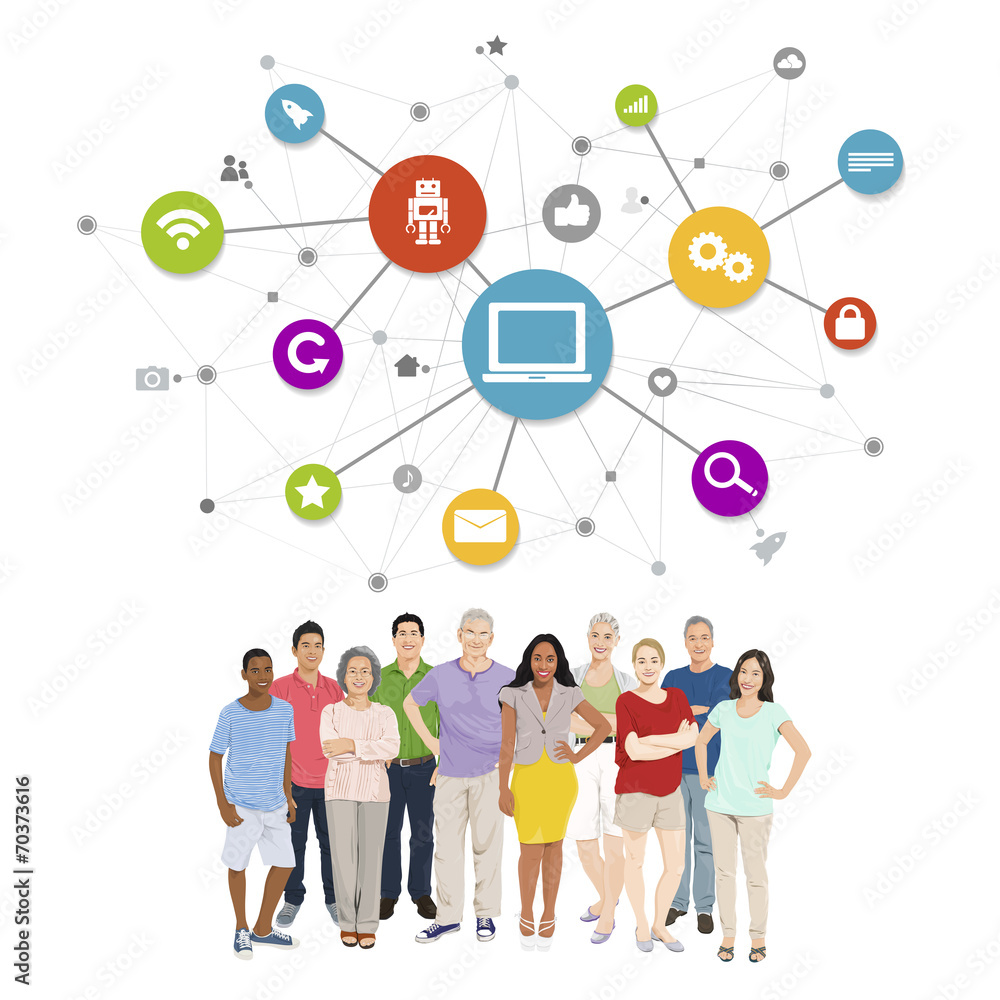 Vector of Diverse People with Social Media Symbols Vector of Diverse People with Social Media Symbols