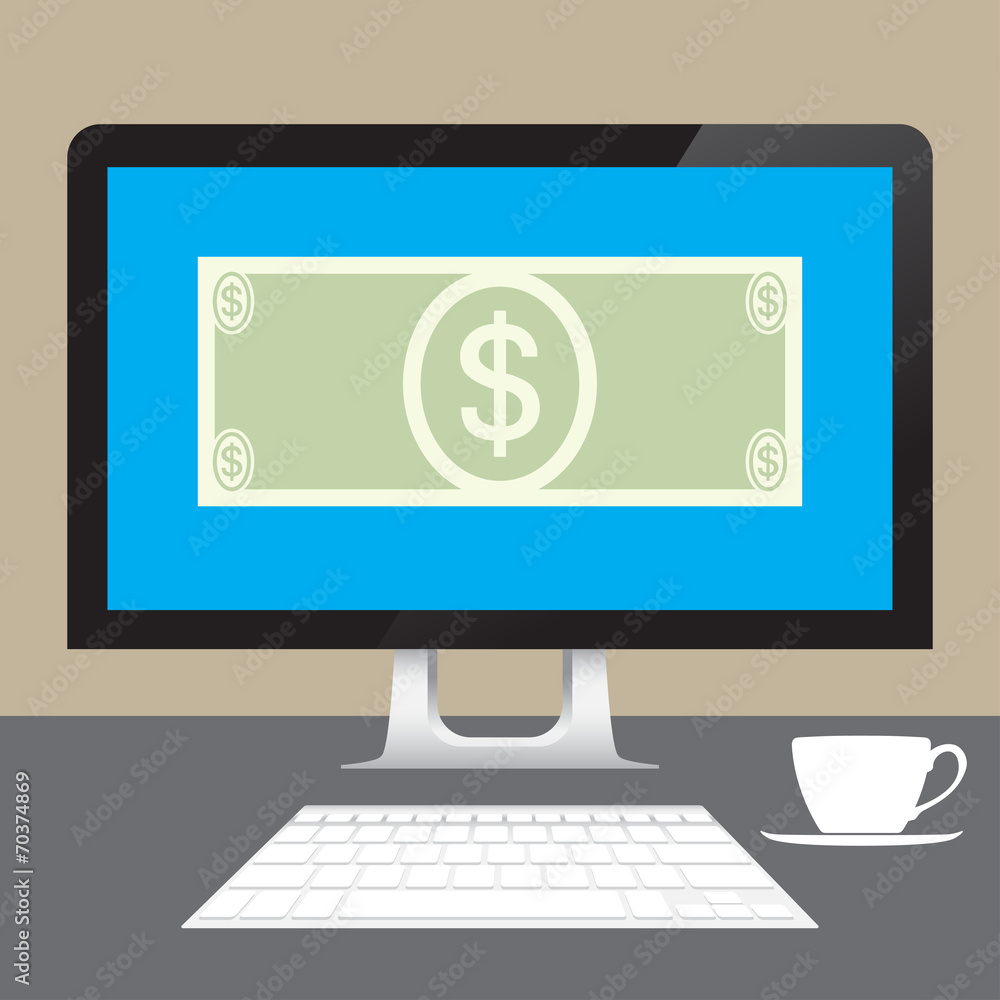 Money Dollars online from desktop computer on table Money Dollars online from desktop computer on table