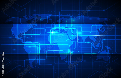 Blue abstract technology background with world map. © nongkran_ch