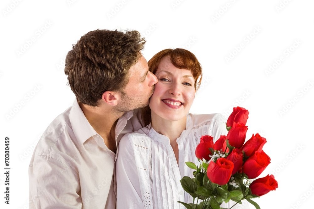 Woman getting roses from man Woman getting roses from man